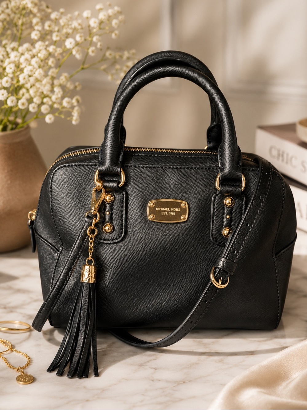 Classic Black Saffiano Domed Satchel with Crossbody Strap